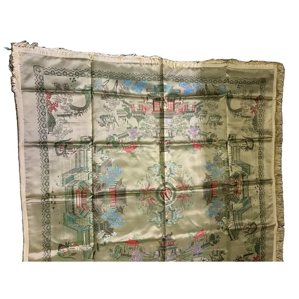 Vintage Chinese Brocaded Flowers Silk Piano Shawl Table Topper 38” Square